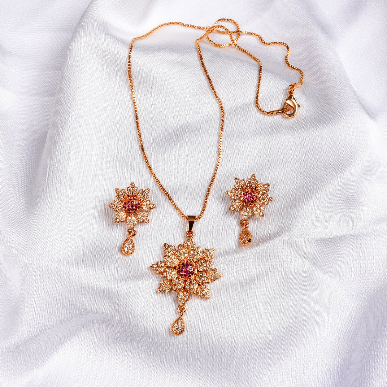 Tudo-Royal Rosette Statement Set (Pink-Centered Floral)